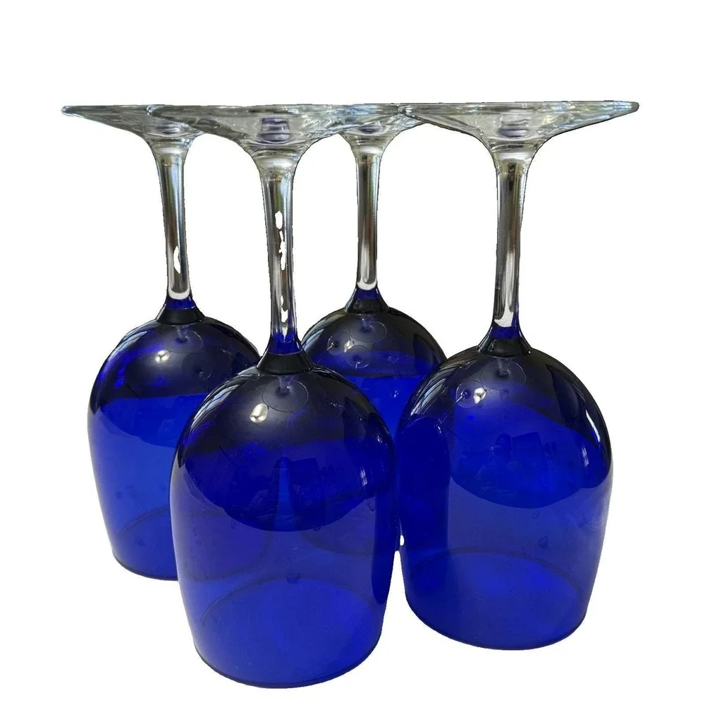 Vintage Cobalt Blue Wine Glasses Set of 4 Clear Stem Goblets Retro Barware